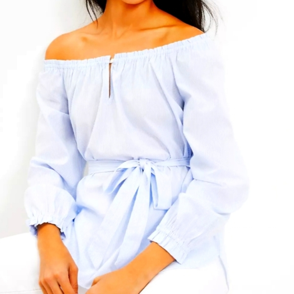 LOFT  womens light blue striped square neck tie waist blouse with long sleeve(S) - Picture 2 of 10
